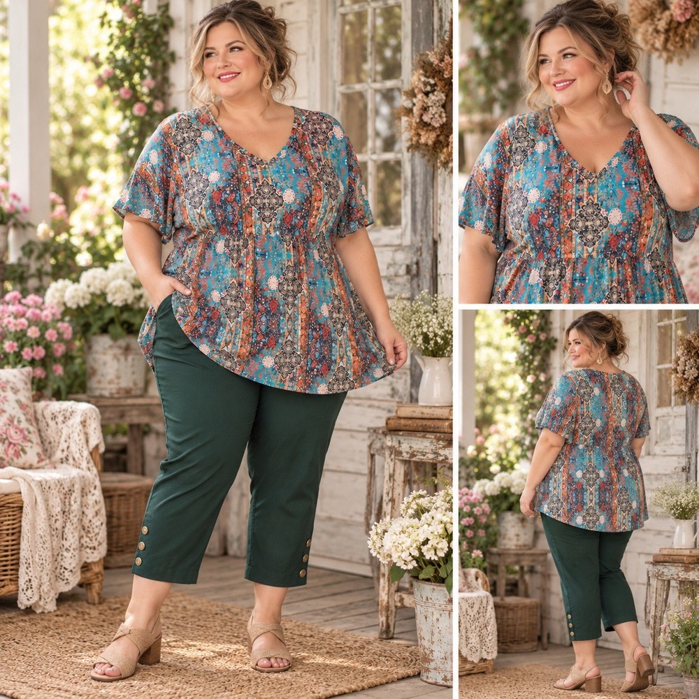 52. 2X SET Colorful Boho Top & Emerald Green Pants | Cottagecore Business Casual